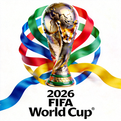 2026年世界杯官方标志白色背景高清图，展示大力神杯与彩色丝带细节