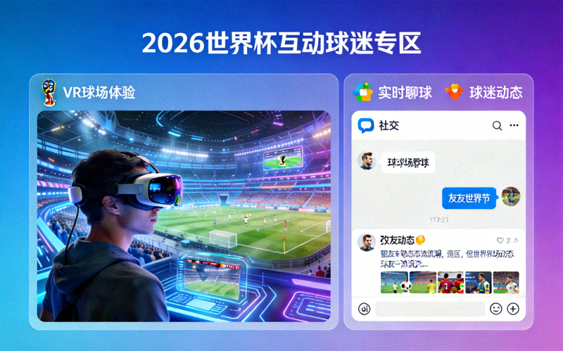 2026年世界杯互动球迷专区界面展示 - 包含虚拟现实体验和社交功能