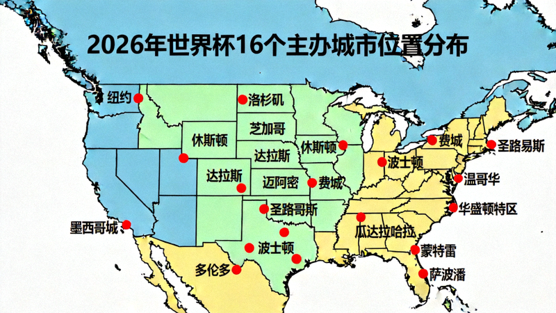 2026年世界杯16个主办城市在北美地图上的位置分布