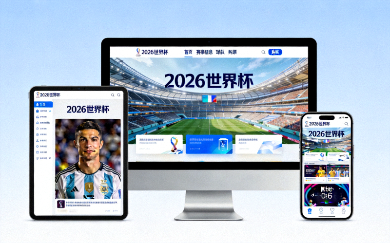 2026年世界杯官方网站首页在多种设备上展示的截图，包括电脑、平板和手机