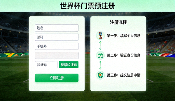 世界杯门票预注册页面截图，显示注册表单和流程说明